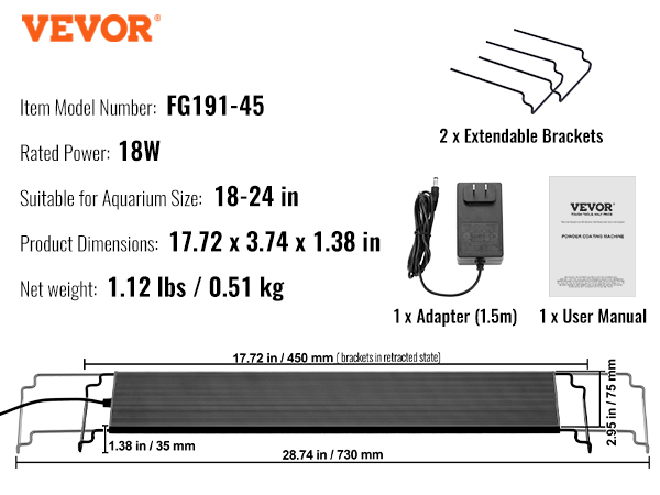 VEVOR aquarium light model fg191-45 with adapter, user manual, and extendable brackets. 18w, fits 18-24 in.