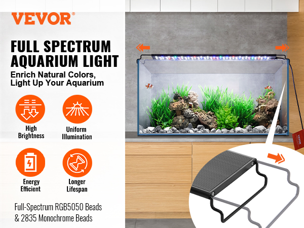 VEVOR aquarium light illuminating a fish tank with plants, enhancing colors and providing uniform illumination.