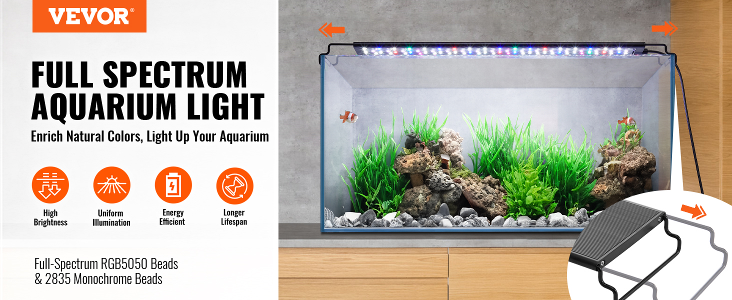 VEVOR aquarium light illuminating a fish tank with plants, enhancing colors and providing uniform illumination.