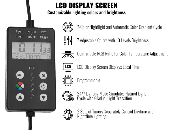 lcd display screen with customizable lighting colors and brightness for VEVOR aquarium light.