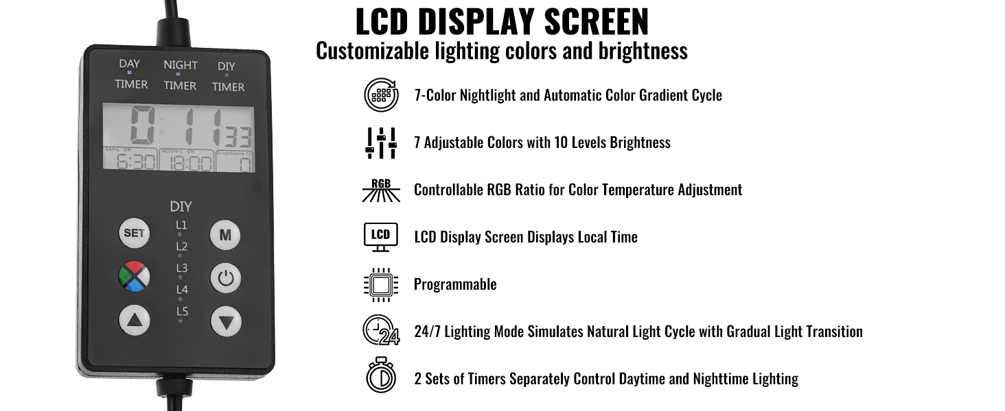 lcd display screen with customizable lighting colors and brightness for VEVOR aquarium light.