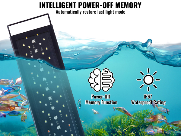 VEVOR aquarium light submerged in water with fish, featuring ip67 waterproof rating and power-off memory function.