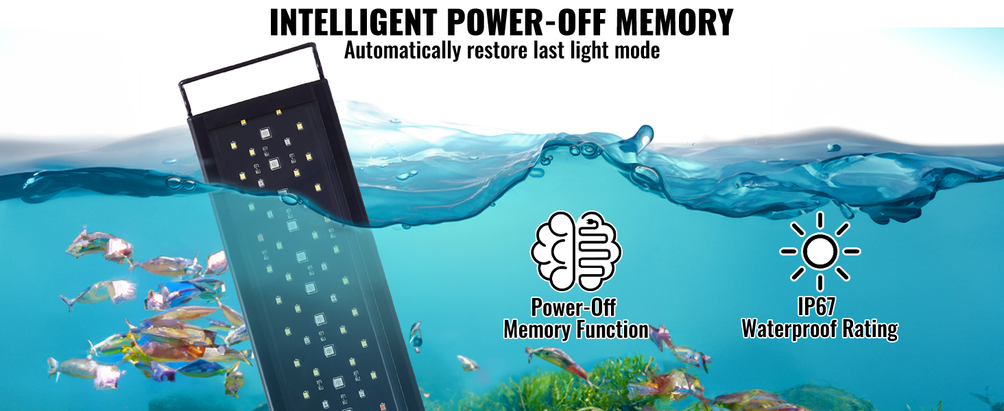 VEVOR aquarium light submerged in water with fish, featuring ip67 waterproof rating and power-off memory function.