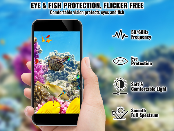hand holding a phone with colorful underwater scene, highlighting VEVOR aquarium light benefits.