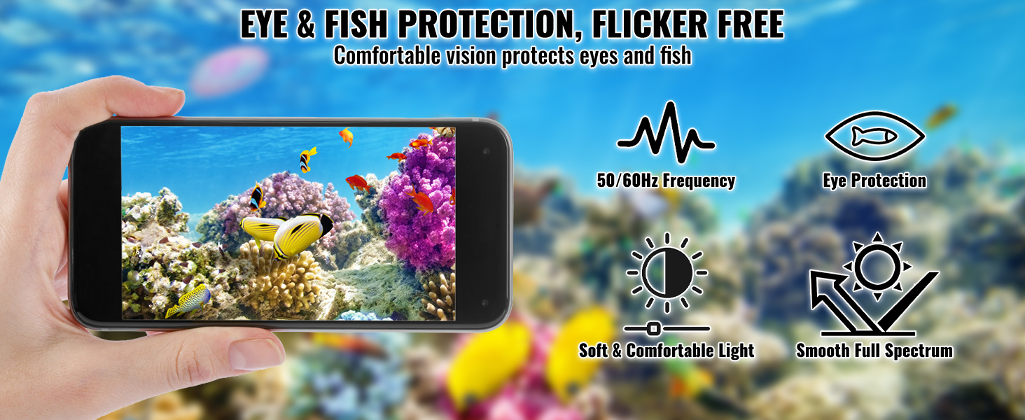 hand holding a phone with colorful underwater scene, highlighting VEVOR aquarium light benefits.