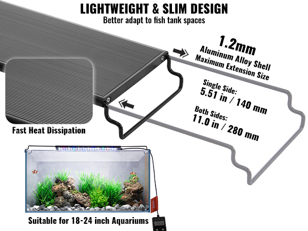 lightweight VEVOR aquarium light for 18-24 inch aquariums with fast heat dissipation and sleek design.