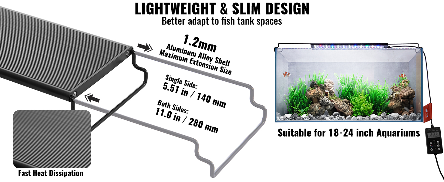 lightweight VEVOR aquarium light for 18-24 inch aquariums with fast heat dissipation and sleek design.