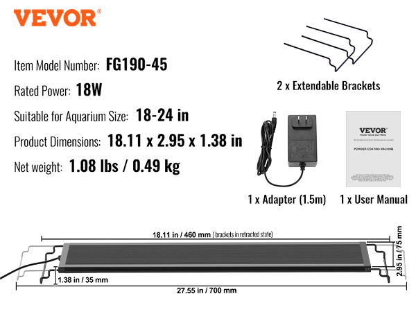 VEVOR akvārija gaismas detaļas: fg190-45, 18w, 18-24 collu tvertnēm, 18.11x2.95x1.38 collas, 1.08 lbs ar adapteri un rokasgrāmatu.