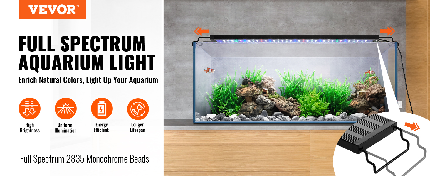 VEVOR aquarium light illuminating fish tank with plants and rocks, featuring high brightness and energy efficiency.