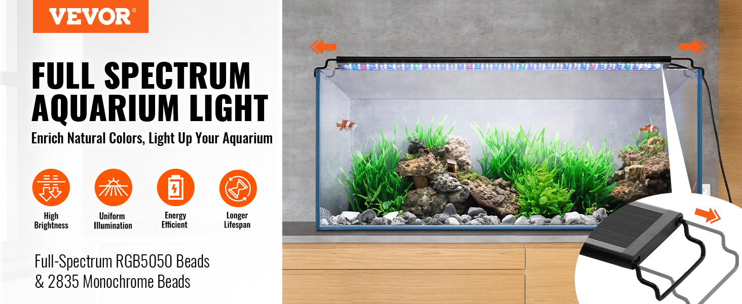 VEVOR aquarium light with high brightness, uniform illumination, energy efficiency, and longer lifespan benefits.