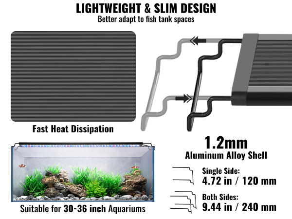 VEVOR aquarium light with aluminum alloy shell, fast heat dissipation, fits 30-36 inch aquariums.