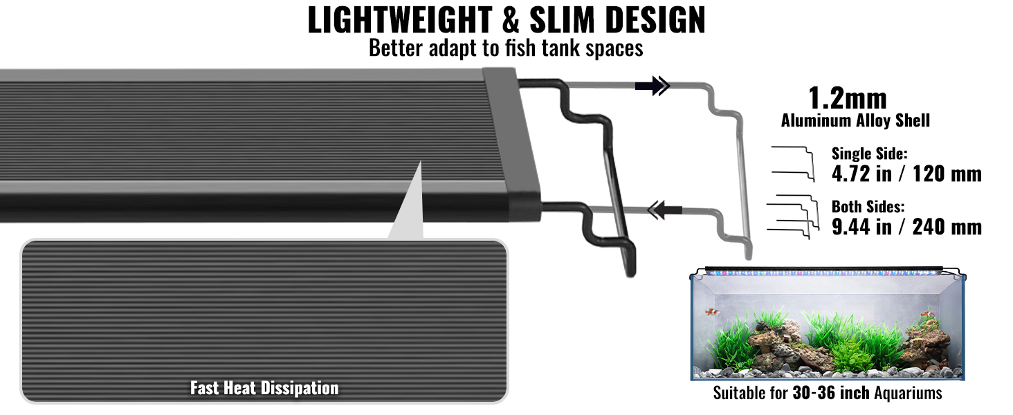 VEVOR aquarium light with aluminum alloy shell, fast heat dissipation, fits 30-36 inch aquariums.