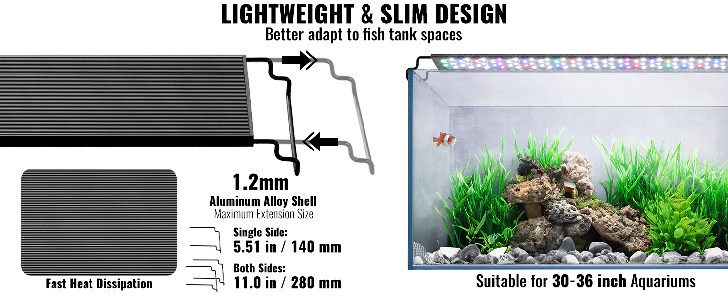 lightweight VEVOR aquarium light with aluminum alloy shell, suitable for 30-36 inch aquariums with plants.