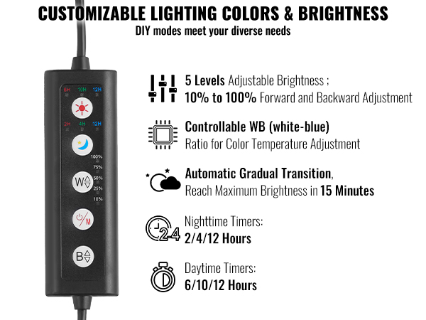 VEVOR aquarium light offers customizable colors and brightness, with adjustable timers and a sleek design.