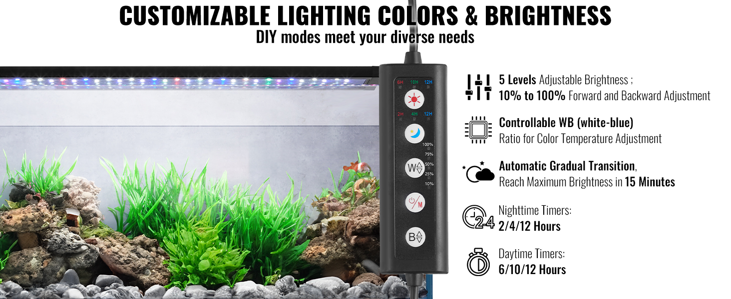 VEVOR aquarium light offers customizable colors and brightness, with adjustable timers and a sleek design.