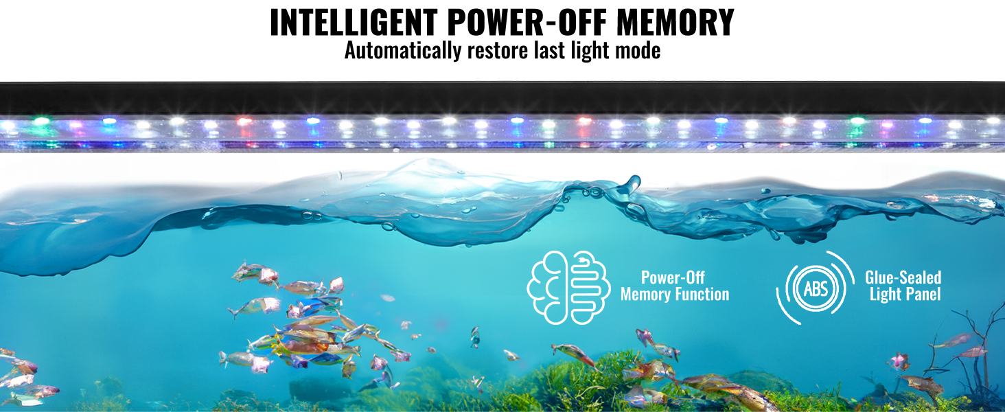 VEVOR aquarium light with intelligent power-off memory, vibrant underwater scene, abs glue-sealed light panel.