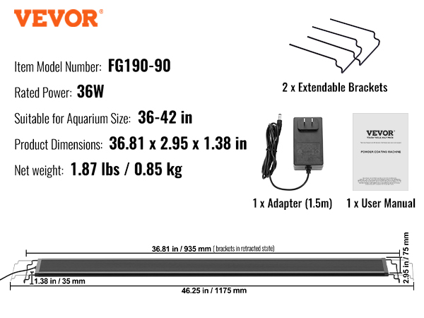 VEVOR aquarium light, model fg190-90, 36w power, 36-42 in size, includes adapter, brackets, and manual.