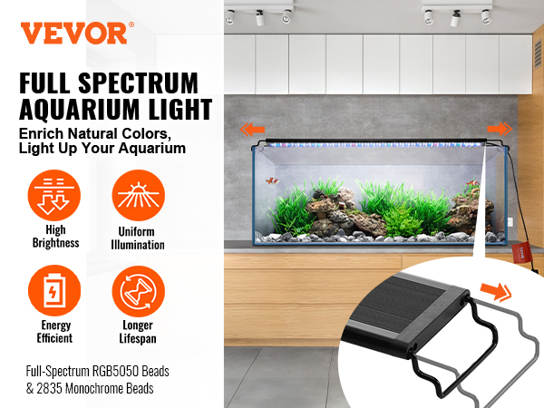 VEVOR aquarium light: full-spectrum aquarium light, enriches natural colors, high brightness, energy efficient.