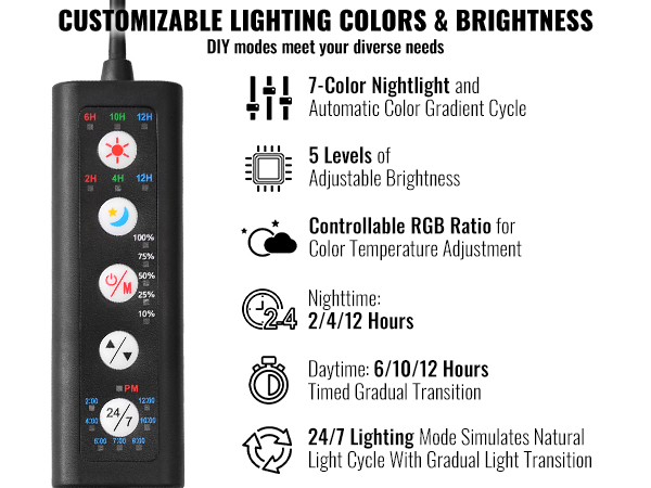 VEVOR aquarium light with customizable colors, brightness levels, 24/7 lighting, and remote control in a planted tank.