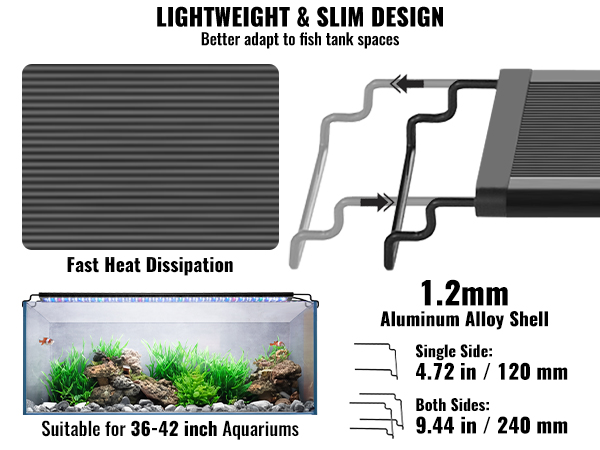 VEVOR lightweight, slim aquarium light with aluminum alloy shell and fast heat dissipation.