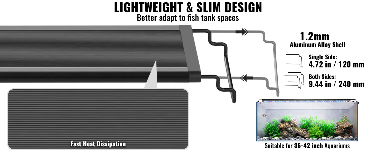 VEVOR lightweight, slim aquarium light with aluminum alloy shell and fast heat dissipation.