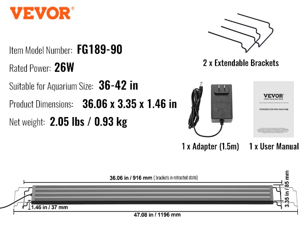 VEVOR aquarium light with 26w power, extendable brackets, adapter, and user manual. suitable for 36-42 in tanks.