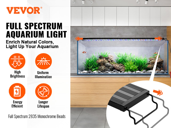 VEVOR aquarium light, full spectrum led, illuminating a vibrant tank with fish, plants, and rocks.