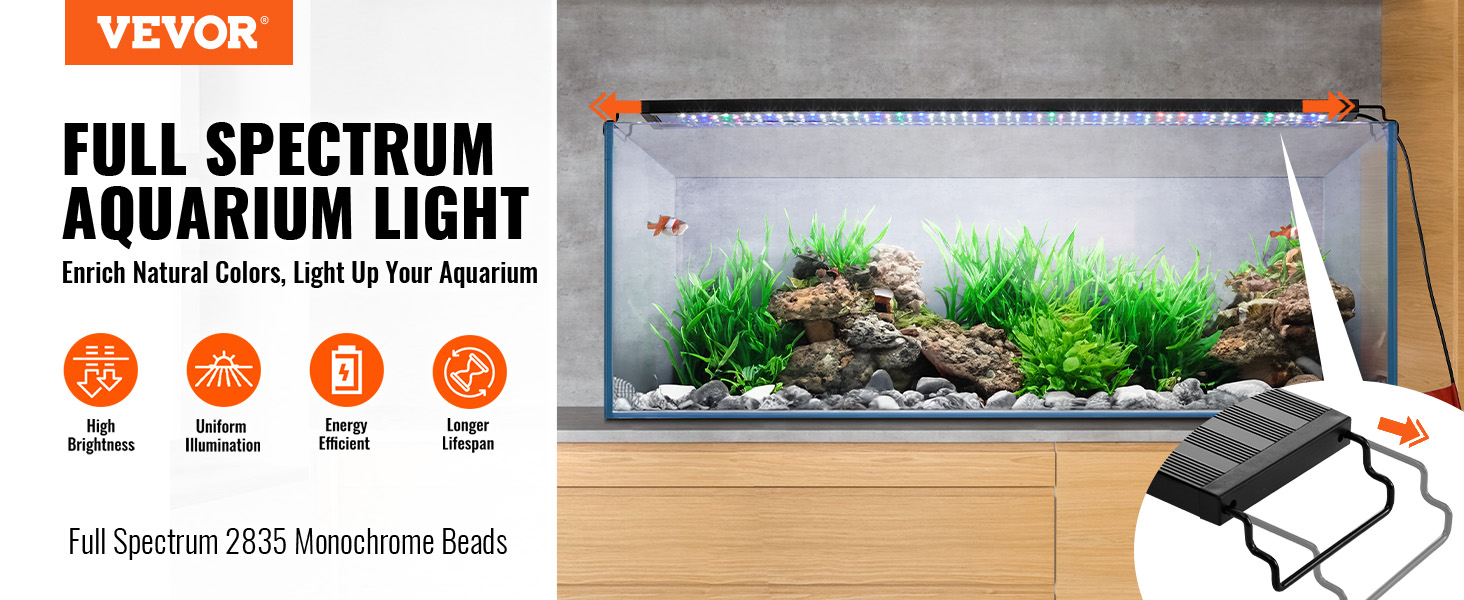 VEVOR aquarium light, full spectrum led, illuminating a vibrant tank with fish, plants, and rocks.