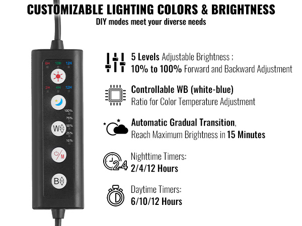 customizable VEVOR aquarium light with adjustable brightness, color temperature control, and preset timers.