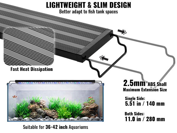 VEVOR aquarium light with slim design, suitable for 36-42 inch tanks, 2.5mm abs shell, fast heat dissipation.