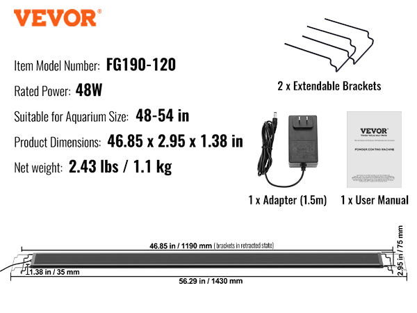 VEVOR aquarium light fg190-120, 48w, suitable for 48-54 in aquariums, includes adapter and brackets.