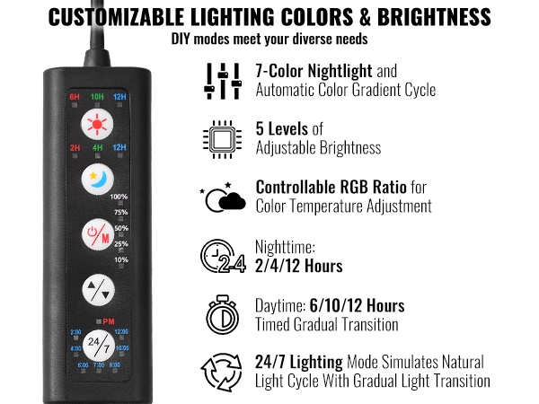 customizable colors and brightness for VEVOR aquarium light with adjustable rgb, nightlight, and cycles.