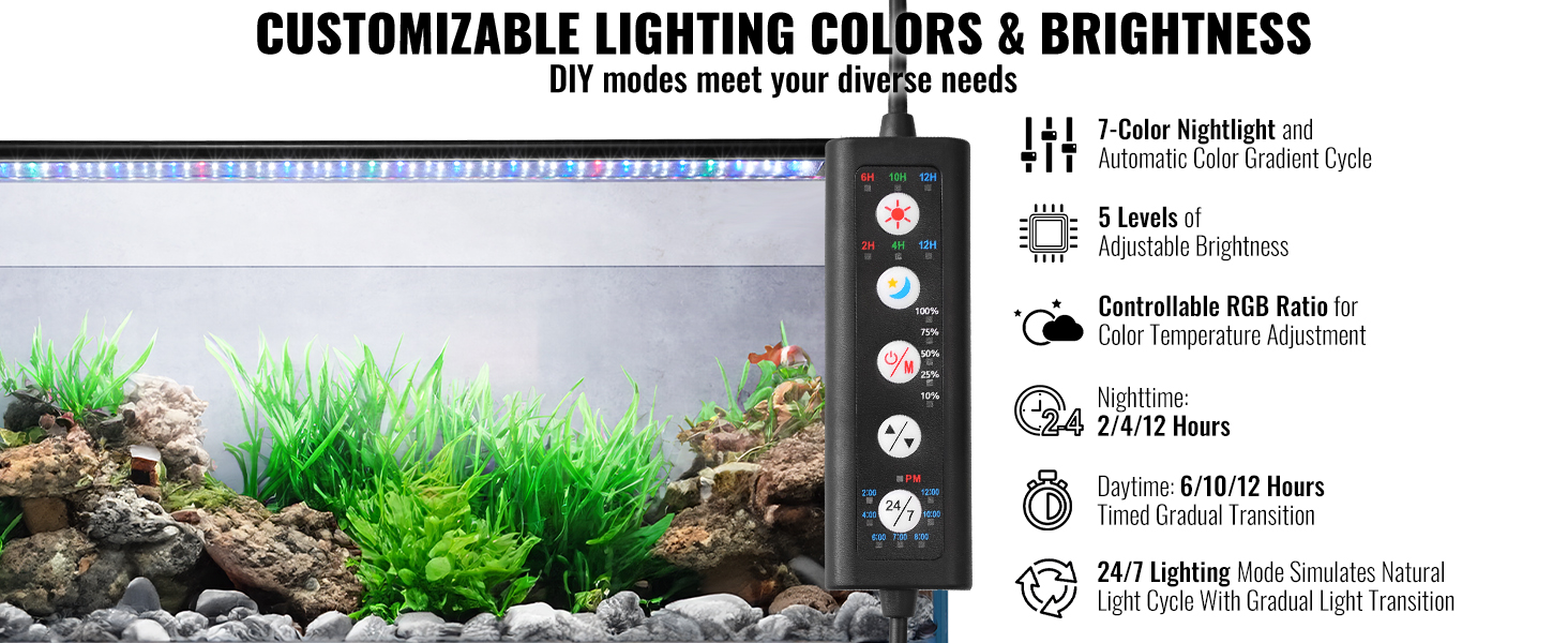 customizable colors and brightness for VEVOR aquarium light with adjustable rgb, nightlight, and cycles.
