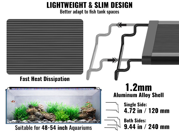 lightweight and slim VEVOR aquarium light with fast heat dissipation, suitable for 48-54 inch aquariums.