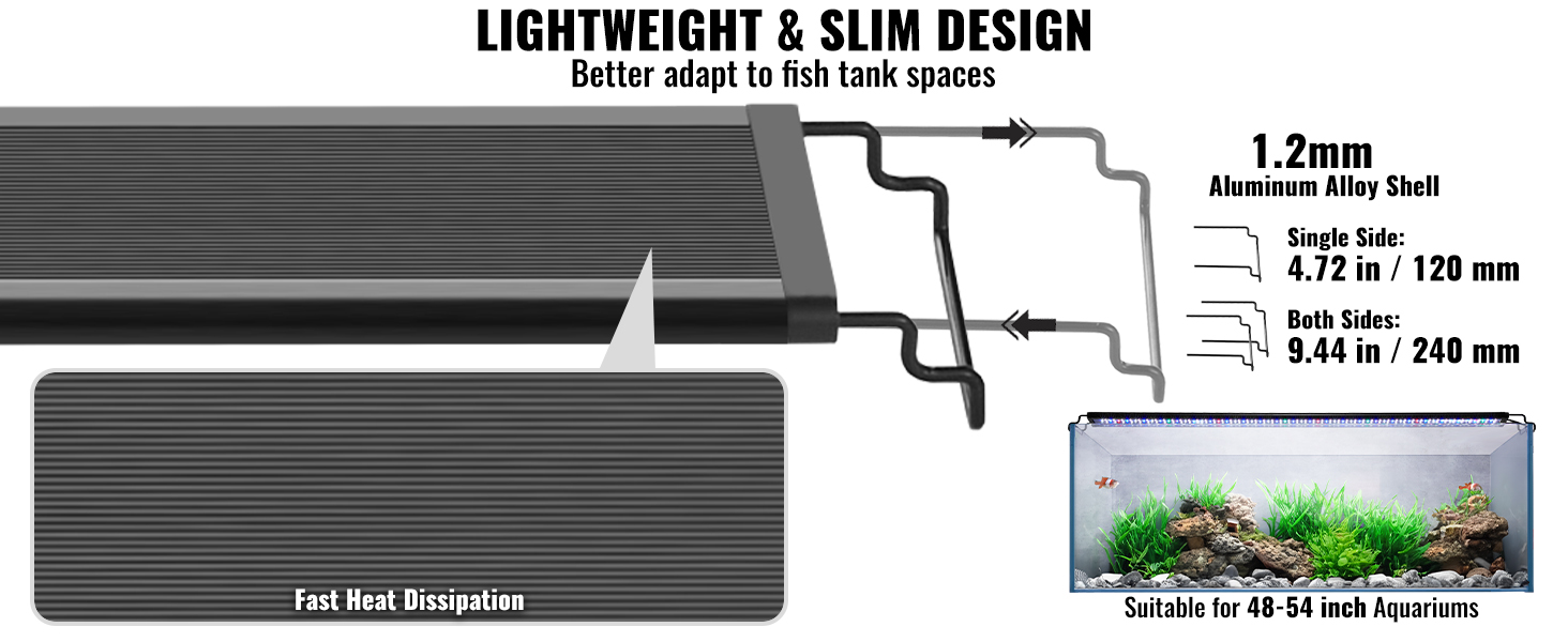 lightweight and slim VEVOR aquarium light with fast heat dissipation, suitable for 48-54 inch aquariums.
