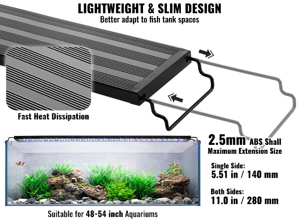VEVOR aquarium light: lightweight 2.5mm abs shell, suitable for 48-54 inch fish tanks, with heat dissipation.