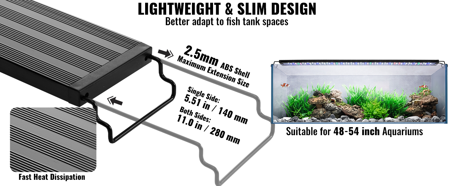VEVOR aquarium light: lightweight 2.5mm abs shell, suitable for 48-54 inch fish tanks, with heat dissipation.