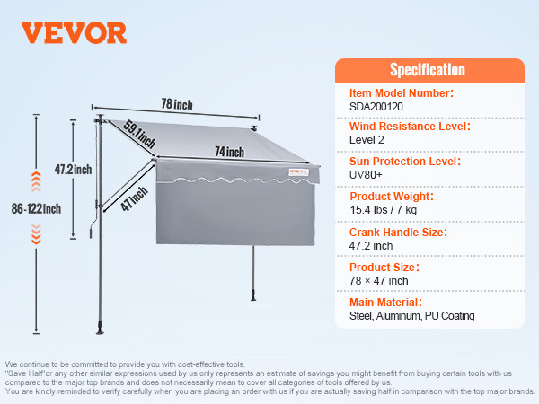 VEVOR retractable awning with dimensions, uv protection, adjustable height, crank handle, and material details.