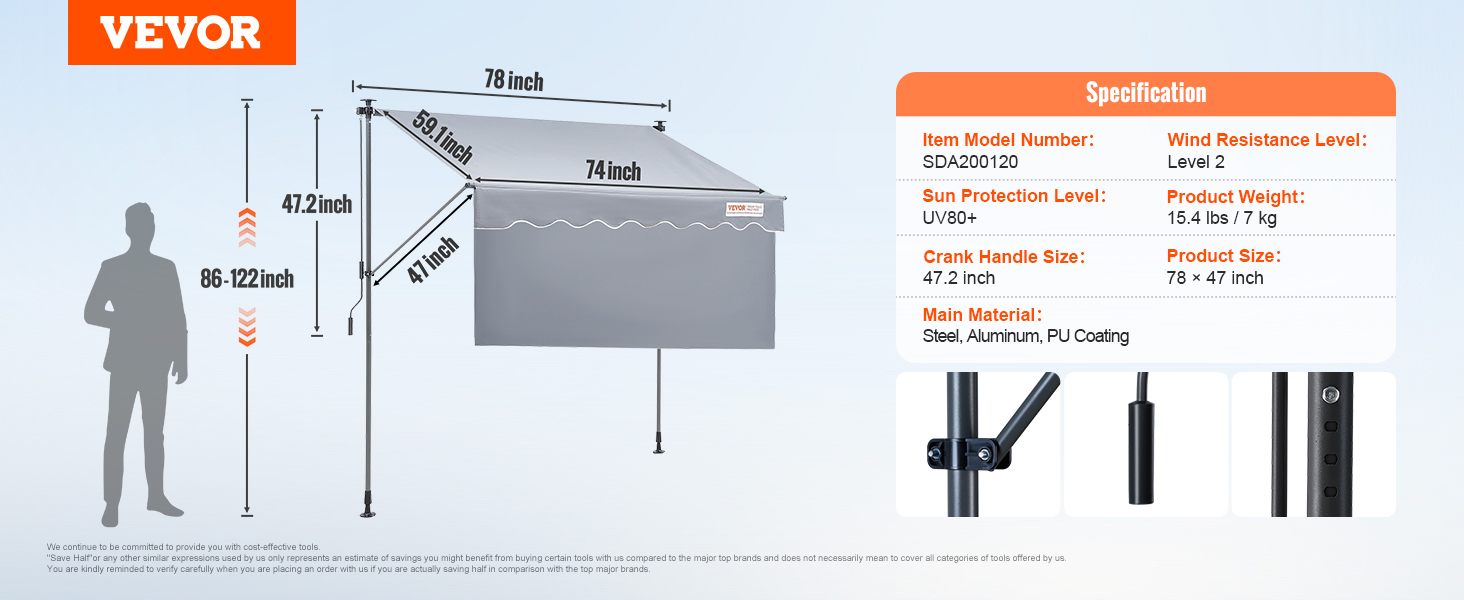 VEVOR retractable awning with dimensions, uv protection, adjustable height, crank handle, and material details.