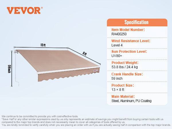 VEVOR retractable awning, 13x8 ft, uv80+, steel, aluminum, pu coating, wind resistance level 4.