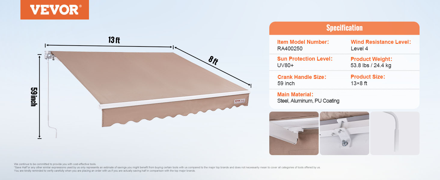 VEVOR retractable awning, 13x8 ft, uv80+, steel, aluminum, pu coating, wind resistance level 4.