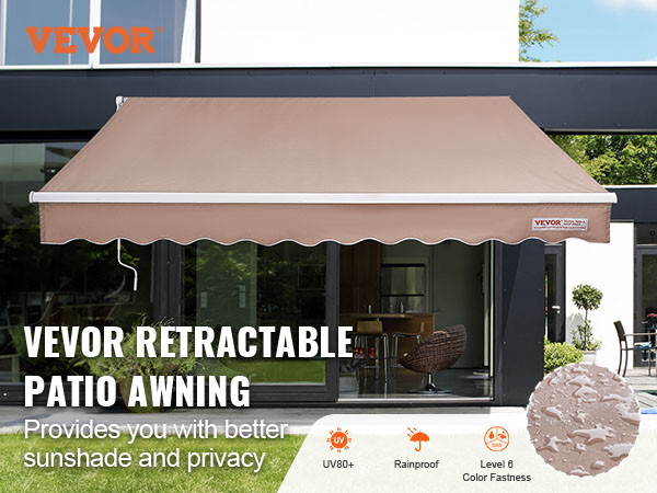 VEVOR retractable awning over patio, providing sunshade and privacy with uv protection and rainproof features.