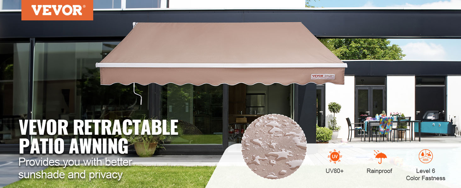 VEVOR retractable awning over patio, providing sunshade and privacy with uv protection and rainproof features.