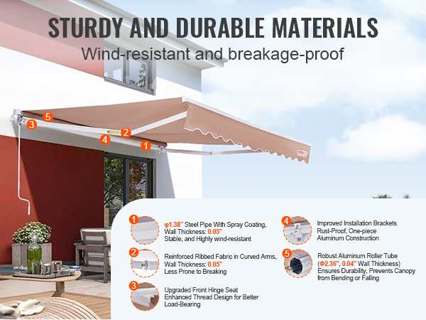 VEVOR retractable awning with wind-resistant features, ribbed fabric, and sturdy installation brackets.