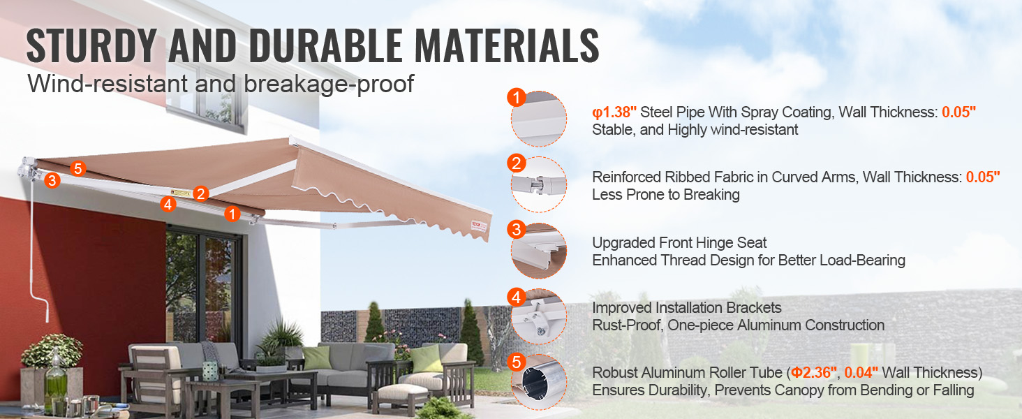 VEVOR retractable awning with wind-resistant features, ribbed fabric, and sturdy installation brackets.