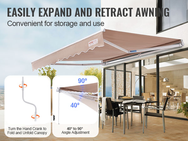 VEVOR retractable awning demonstrating easy expand and retract features, with a scenic patio view.