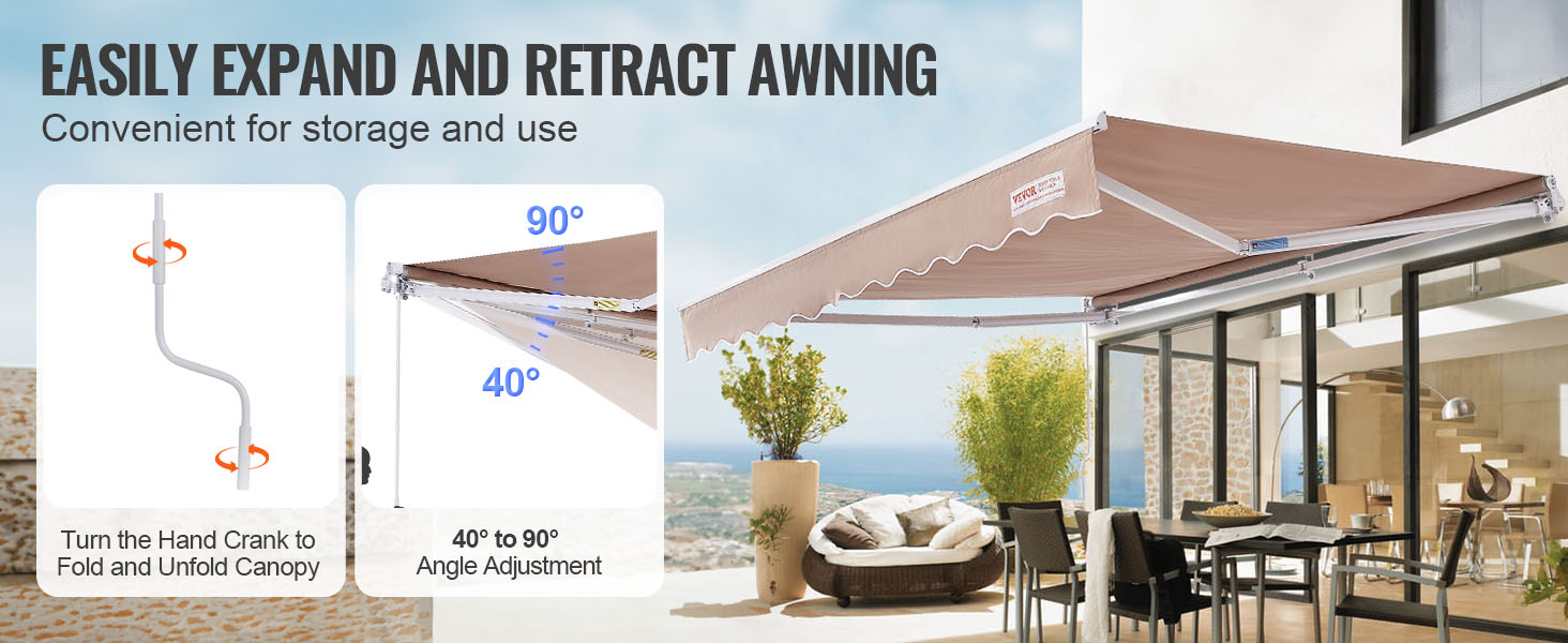 VEVOR retractable awning demonstrating easy expand and retract features, with a scenic patio view.