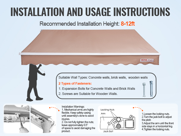 installation instructions for VEVOR retractable awning, height guide, suitable wall types, and fasteners.