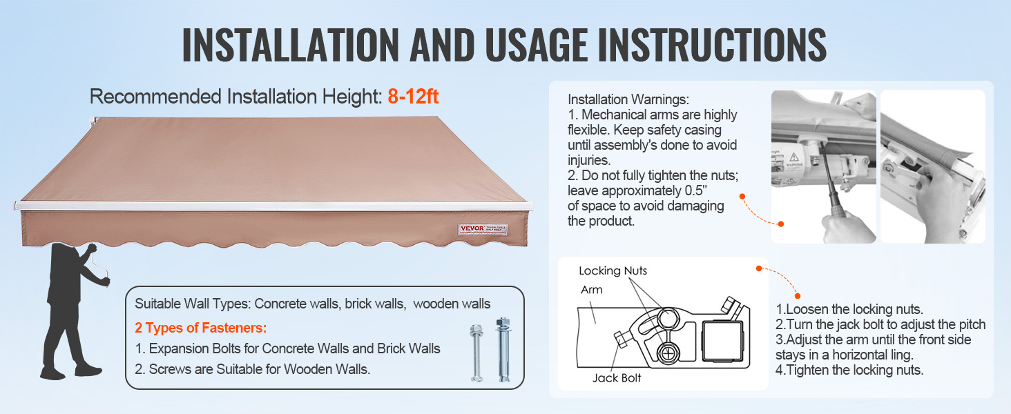 installation instructions for VEVOR retractable awning, height guide, suitable wall types, and fasteners.