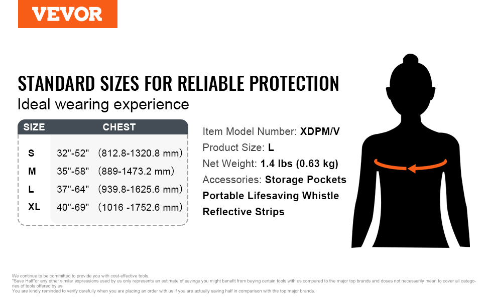 VEVOR life vest sizes s to xl, chest measurements in inches and mm, with accessories and item details.